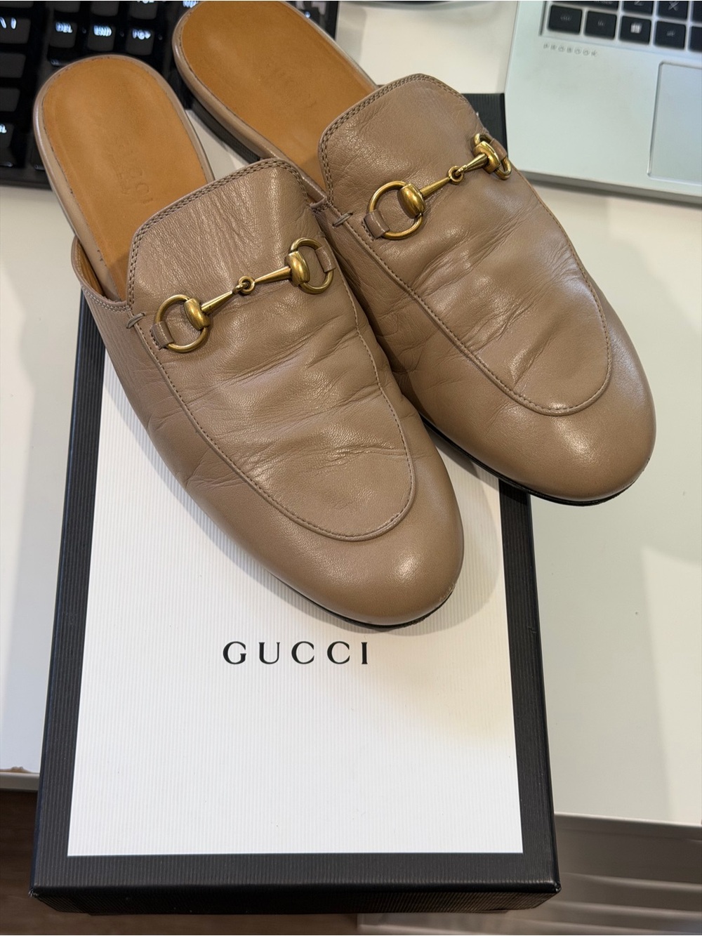 Gucci Taupe Leather Horsebit Mule - Princetown Loafer